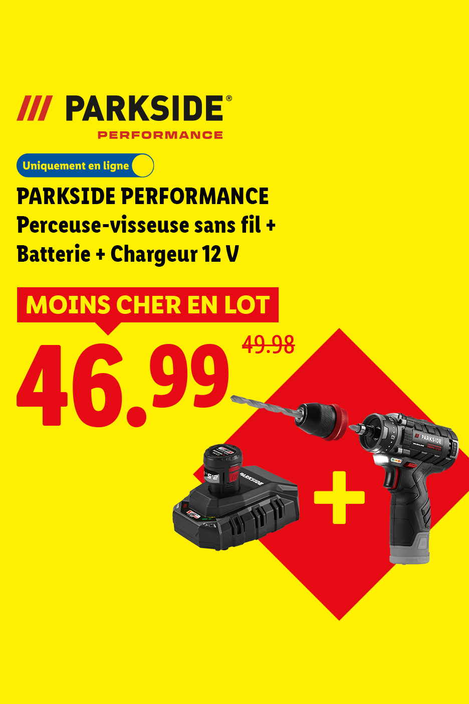 Perceuse-visseuse sans fil avec batterie et chargeur 12V, affichée à 46,99€ au lieu de 49,98€.