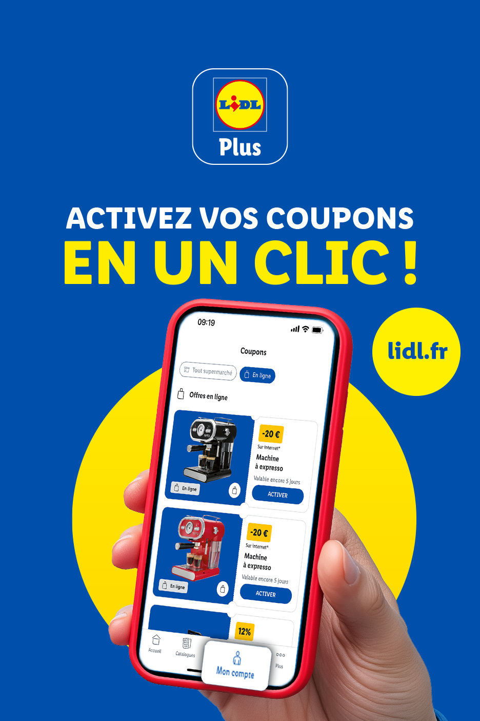 Publicité Lidl Plus montrant l'application mobile avec des coupons pour des machines à expresso.