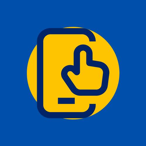 Icône de smartphone avec un pouce levé sur un cercle jaune, sur fond bleu.