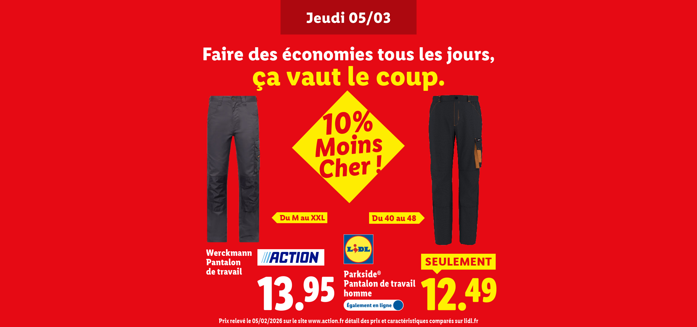 Publicité comparative entre Action et Lidl : pantalons de travail pour hommes 10% moins cher chez Lidl