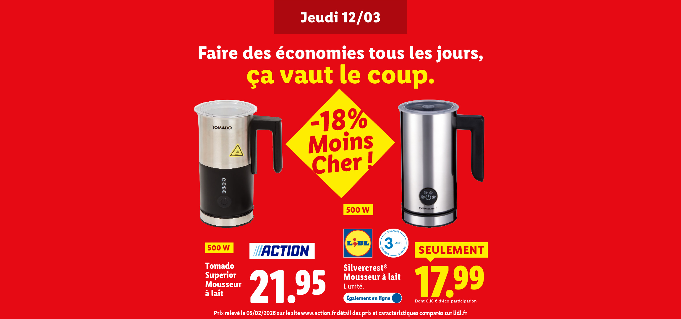 Deux mousseurs à lait, l'un à 21,95 € et l'autre à 17,99 €, avec une offre de -18%.