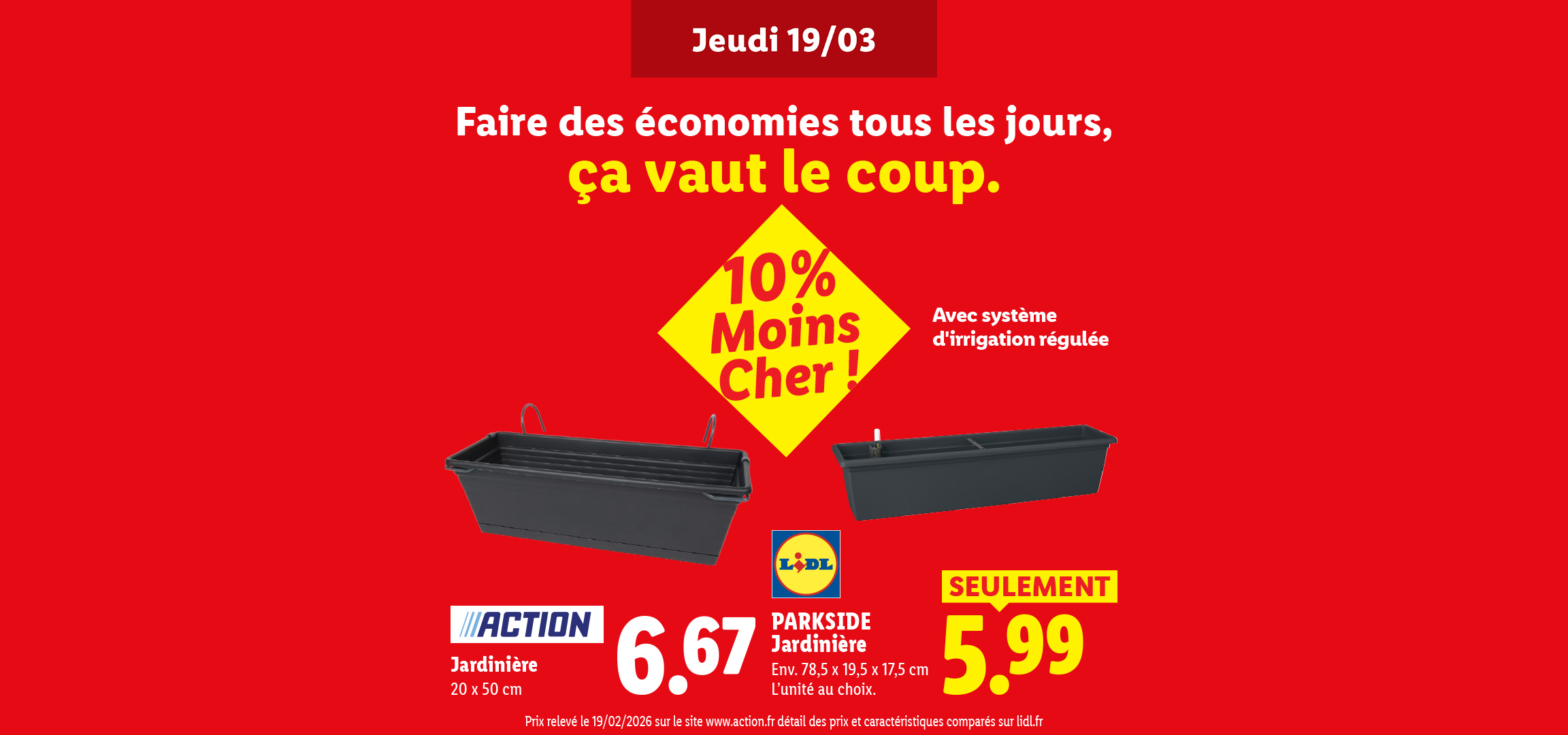 Deux jardinières, l'une avec un système d'irrigation régulée, sur fond rouge avec des offres promotionnelles.