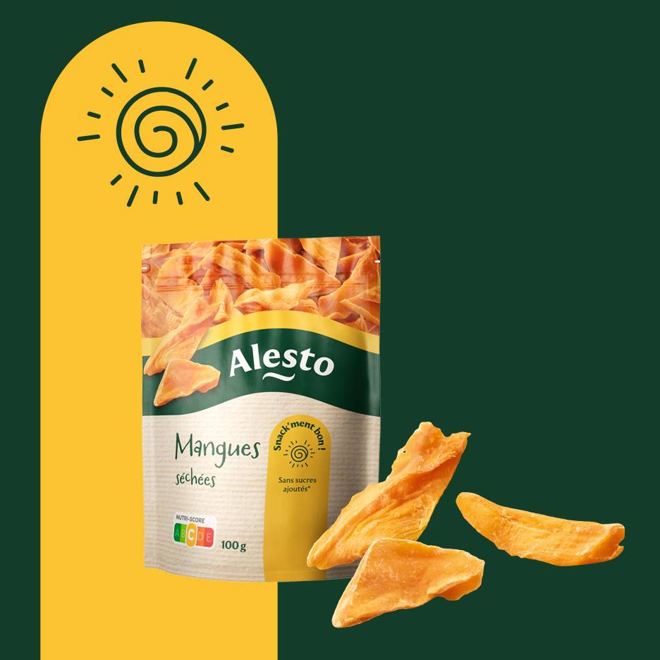 Sachet de mangues séchées avec la mention 'Sans sucres ajoutés' et le Nutri-Score C.