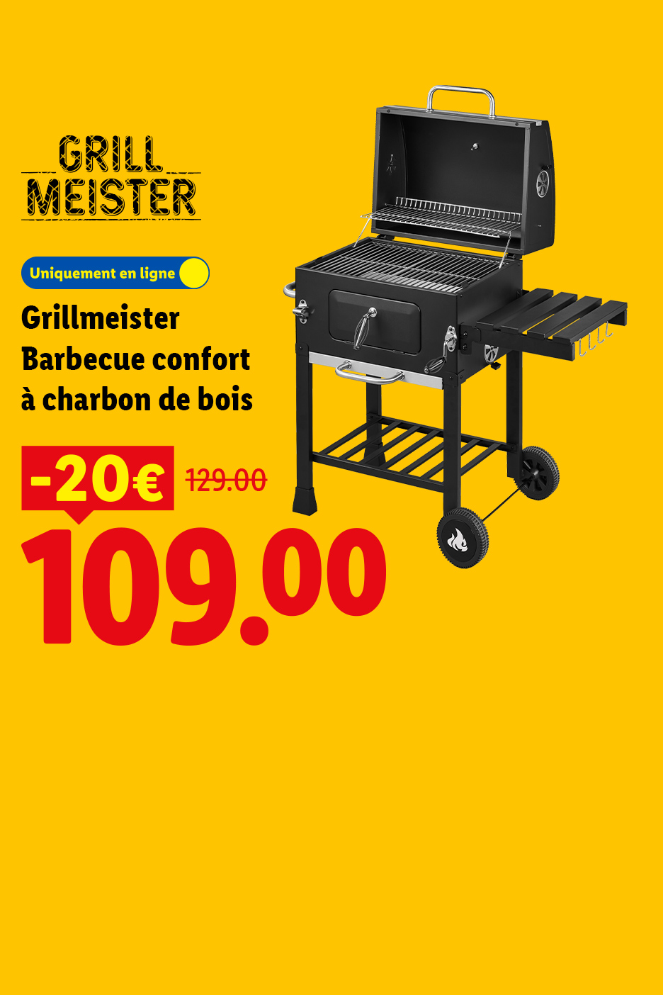Un barbecue à charbon de bois noir en promotion, affiché à 109,00 € au lieu de 129,00 €.