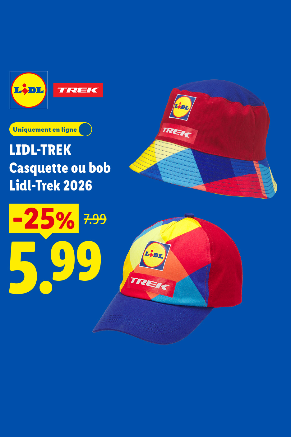 Casquette et bob colorés avec logos, en promotion à 5,99€ au lieu de 7,99€.