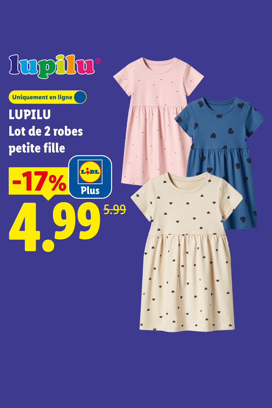 Trois robes pour petite fille, une rose à pois, une bleue à cœurs et une beige à cœurs, avec une offre de -17% à 4,99€.
