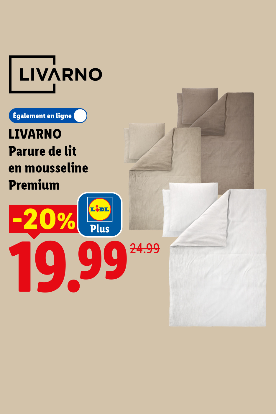 Parure de lit en mousseline Premium, disponible en plusieurs couleurs, avec une réduction de 20%.