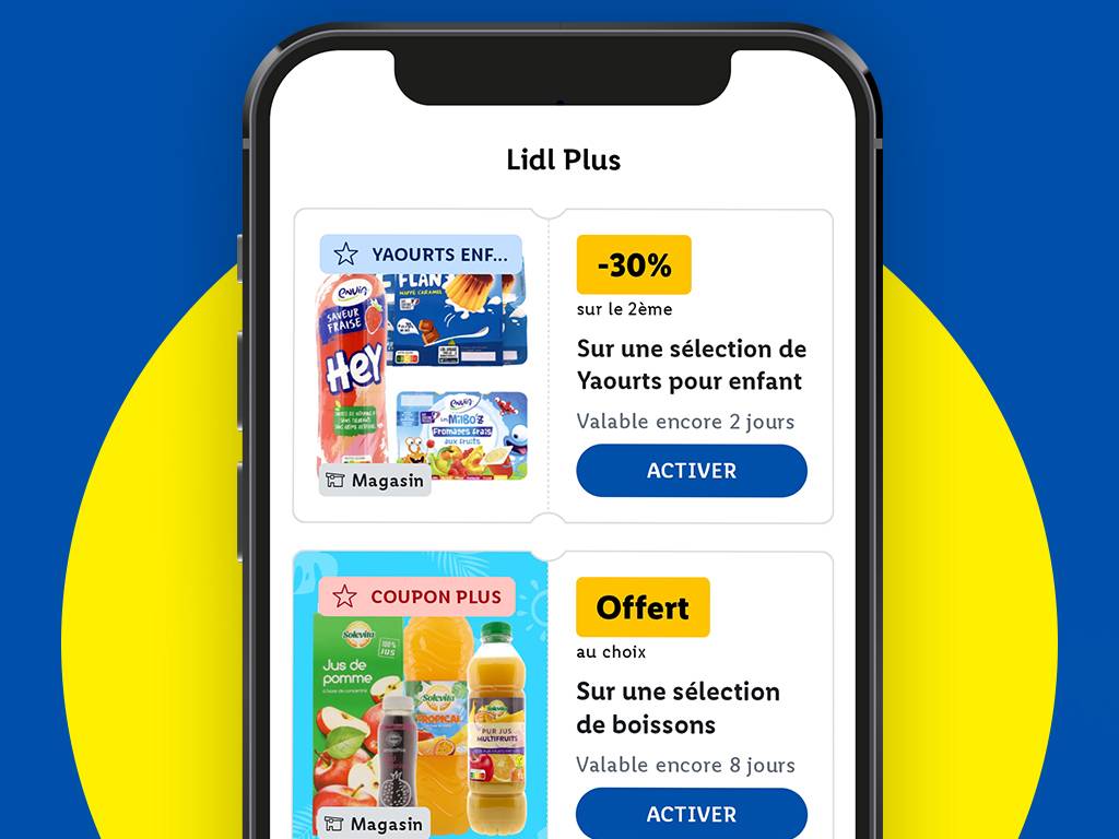 Des COUPONS de réduction à activer sur Lidl Plus pour bénéficier des réductions.