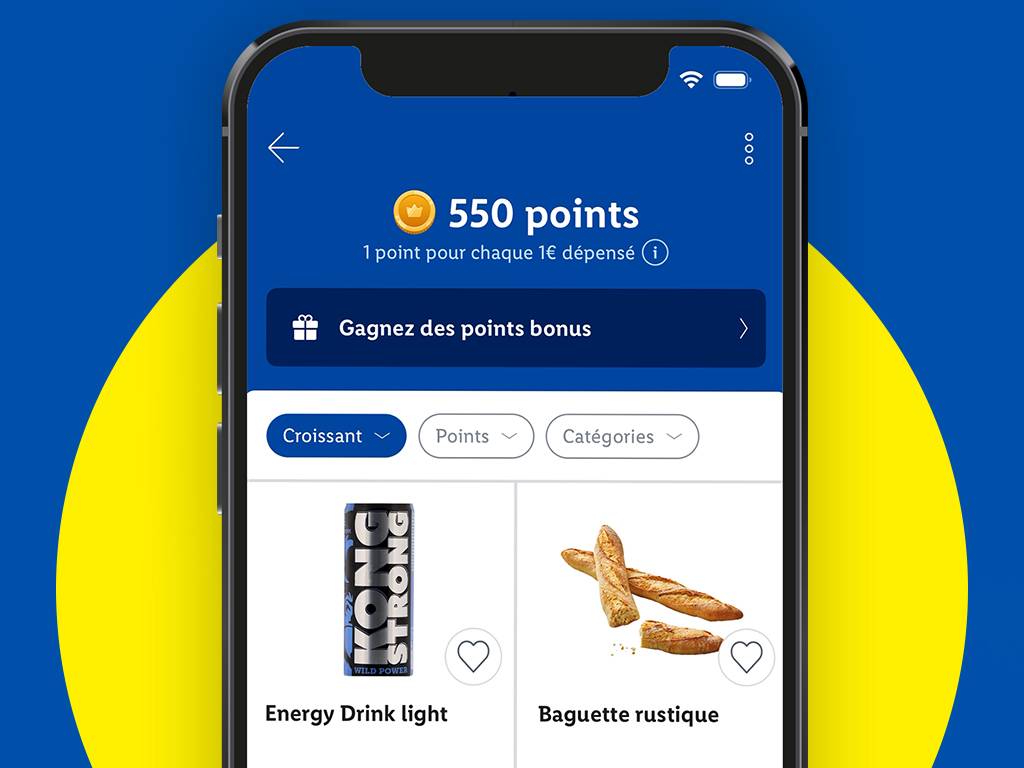Application mobile affichant 550 points de fidélité, avec des options pour gagner des points bonus et des produits comme une boisson énergisante et une baguette rustique.