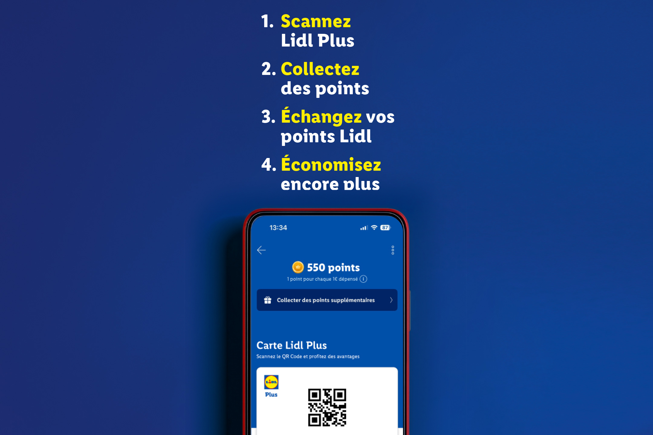 Un téléphone affichant une carte de fidélité avec un QR code, à côté d'une liste d'étapes pour gagner des points.