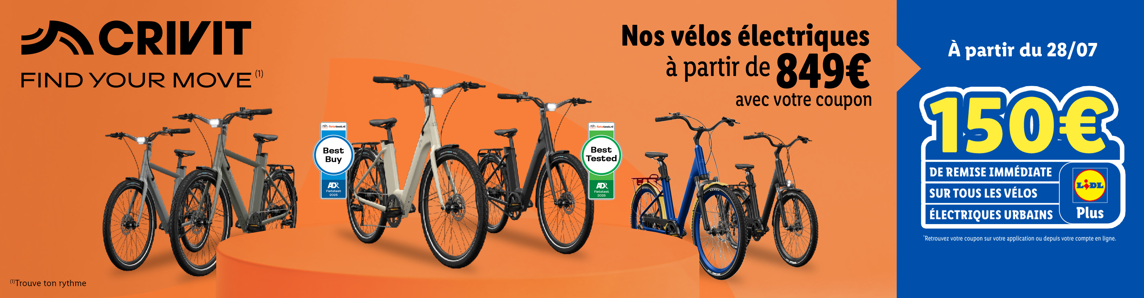 Vélos électriques Crivit à partir de 849€ avec un coupon de 150€ à partir du 28/07.